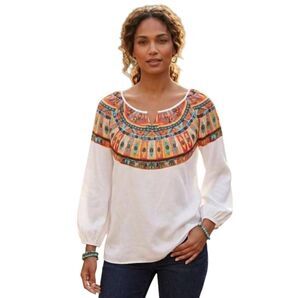 Chico's White Jewel Print Keyhole Bodice 3/4 Sleeve Blouse